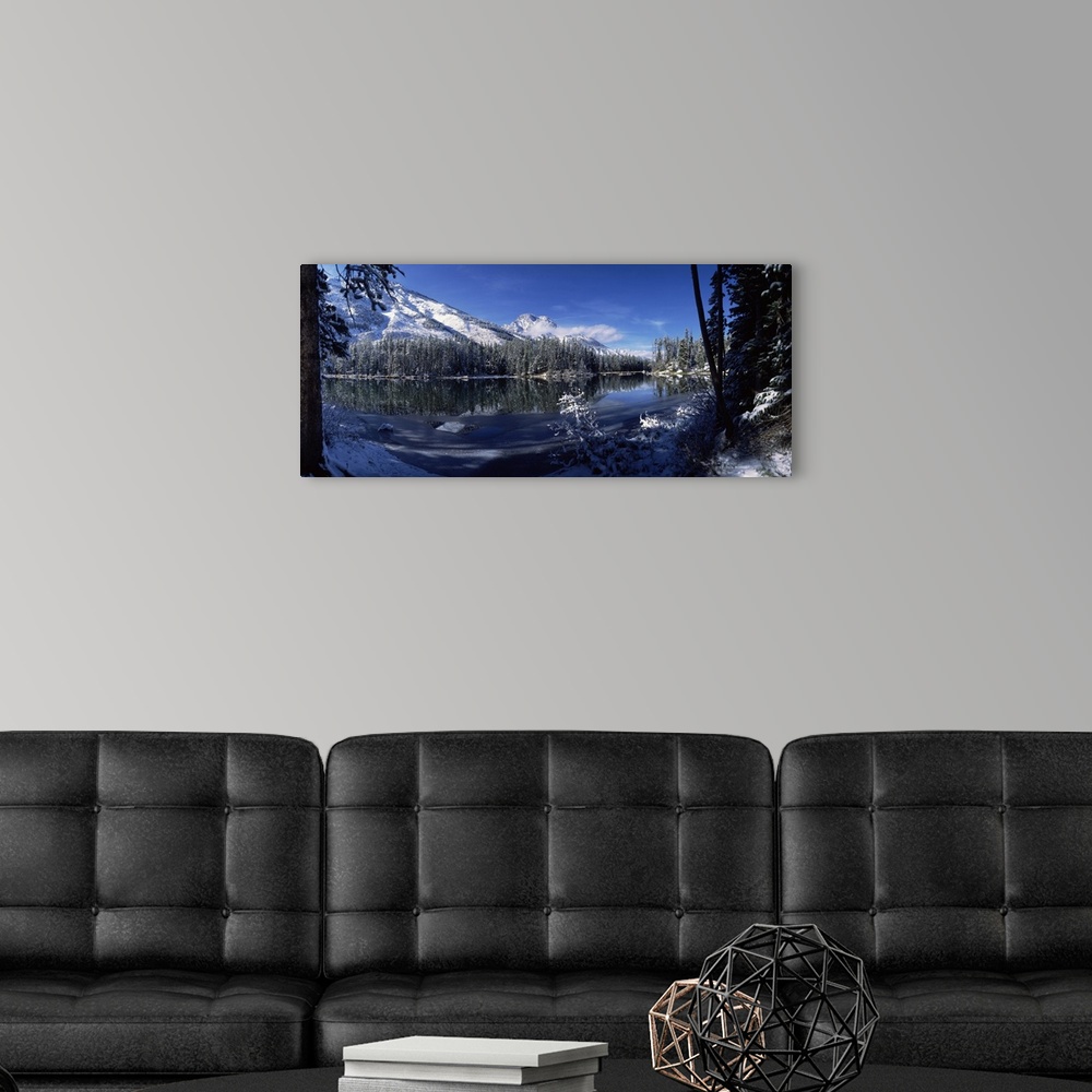 A modern room featuring Horizontal canvas of ancient looking snowy mountains with snow covered trees at their bases meeti...