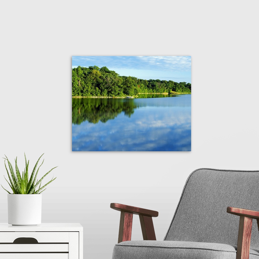 A modern room featuring Thick forest curves and lines a large body of water while reflecting in it.