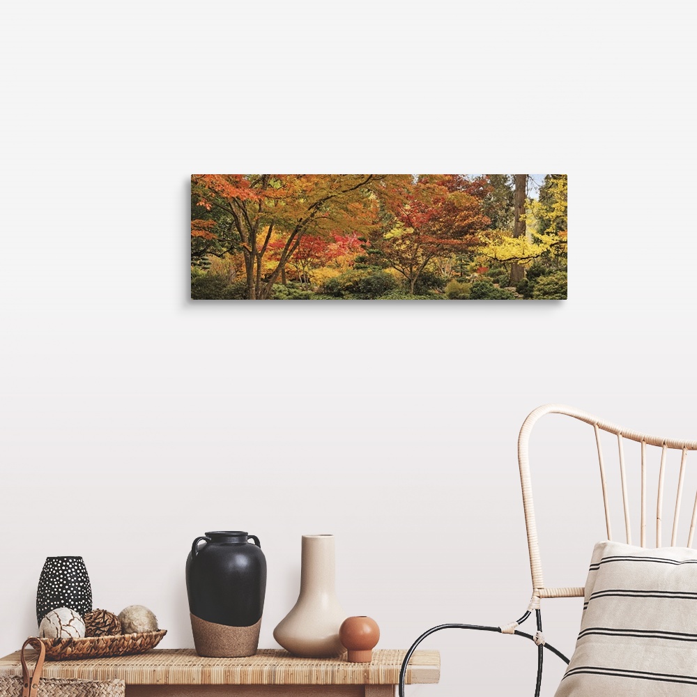 A farmhouse room featuring Big panoramic canvas print of autumn colored trees.