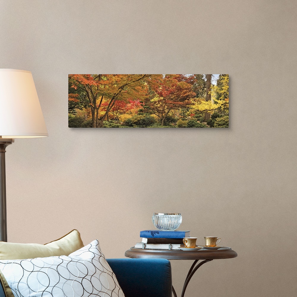 A traditional room featuring Big panoramic canvas print of autumn colored trees.