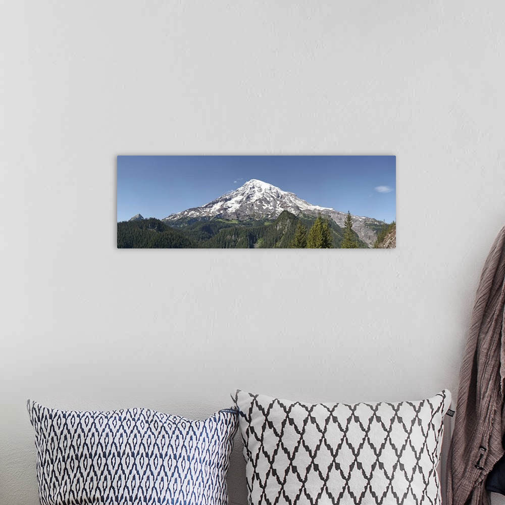 A bohemian room featuring Trees in front of a mountain, Mt Rainier, Mt Rainier National Park, Pierce County, Washington State,