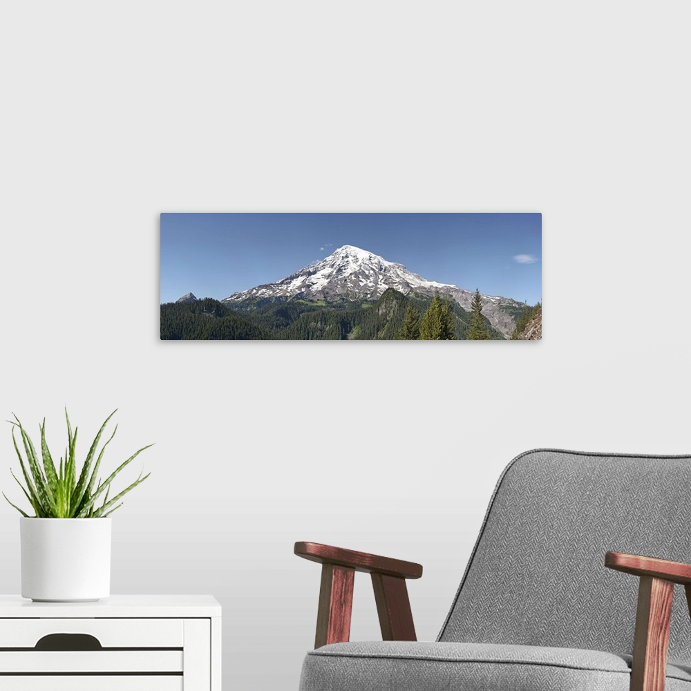 A modern room featuring Trees in front of a mountain, Mt Rainier, Mt Rainier National Park, Pierce County, Washington State,