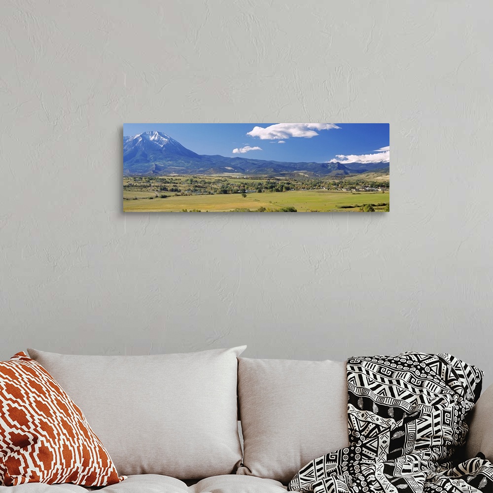 A bohemian room featuring Trees on a landscape and a mountain peak in the background, Spanish Peaks, La Veta, Huerfano Coun...
