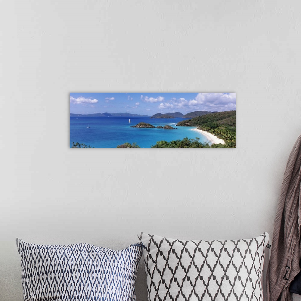 A bohemian room featuring Panoramic photograph of tree filled shoreline with mountains in the distance under a cloudy sky. ...