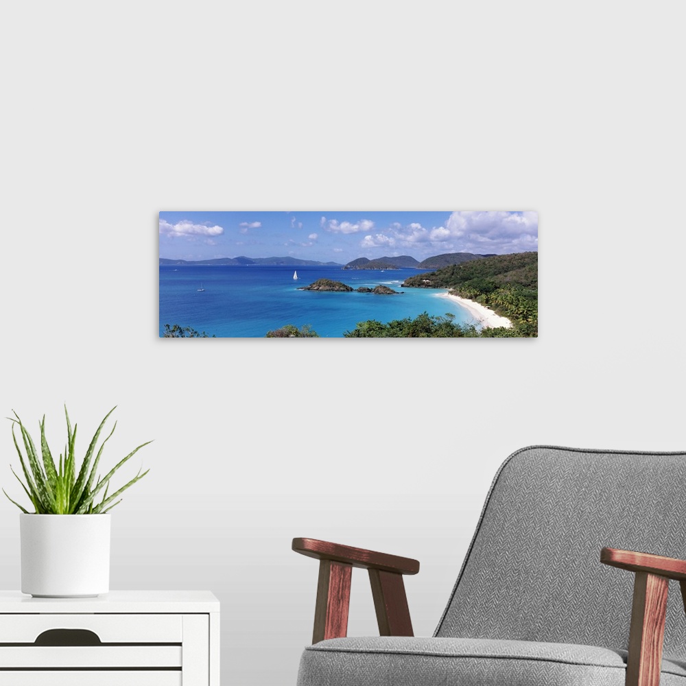 A modern room featuring Panoramic photograph of tree filled shoreline with mountains in the distance under a cloudy sky. ...