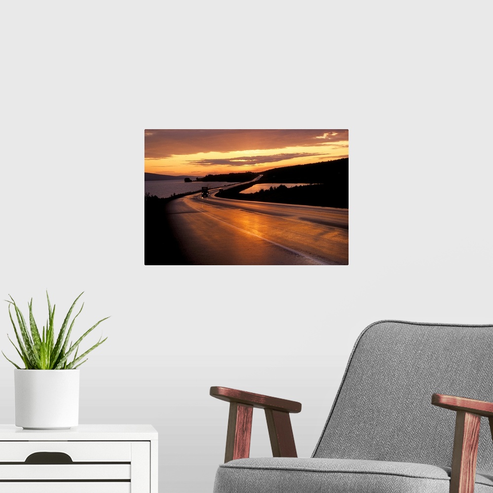 A modern room featuring Truck on a highway at sunset, Trans Canada Highway, New Brunswick, Canada