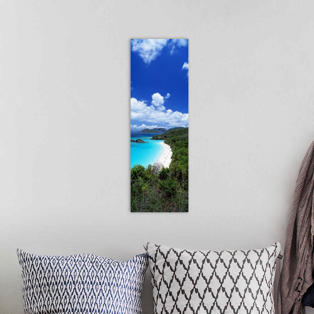 A bohemian room featuring Vertical panoramic picture of the lush tree lined white sand beaches and the turquoise blue water...