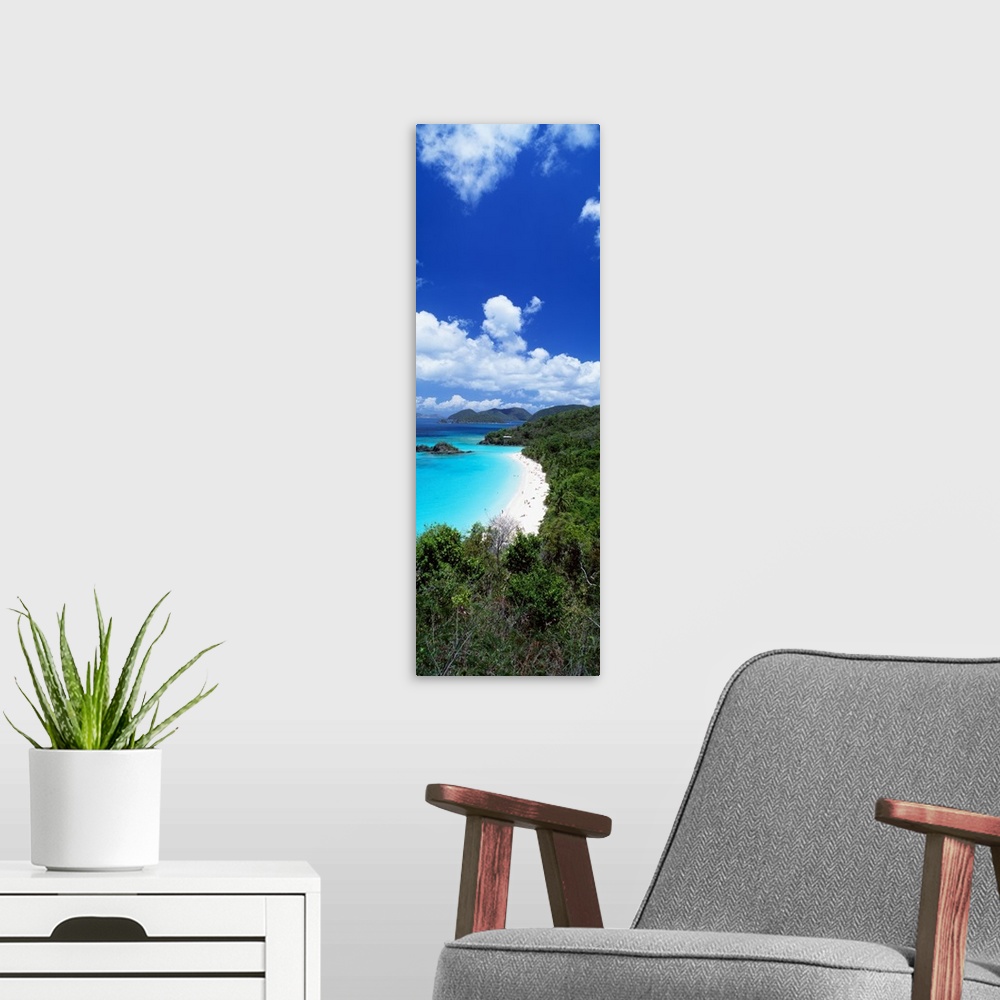 A modern room featuring Vertical panoramic picture of the lush tree lined white sand beaches and the turquoise blue water...