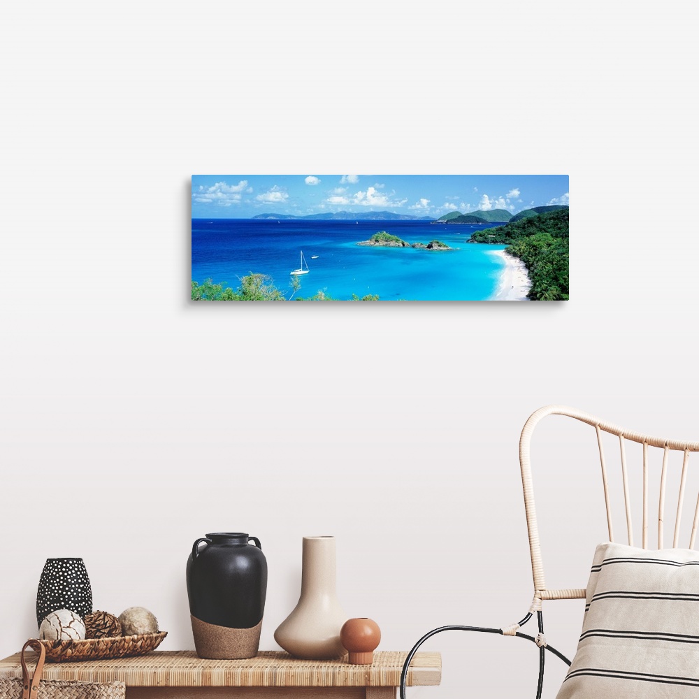 A farmhouse room featuring Panoramic photograph of a couple boats sitting in the clear waters of Trunk Bay in the Virgin Isl...