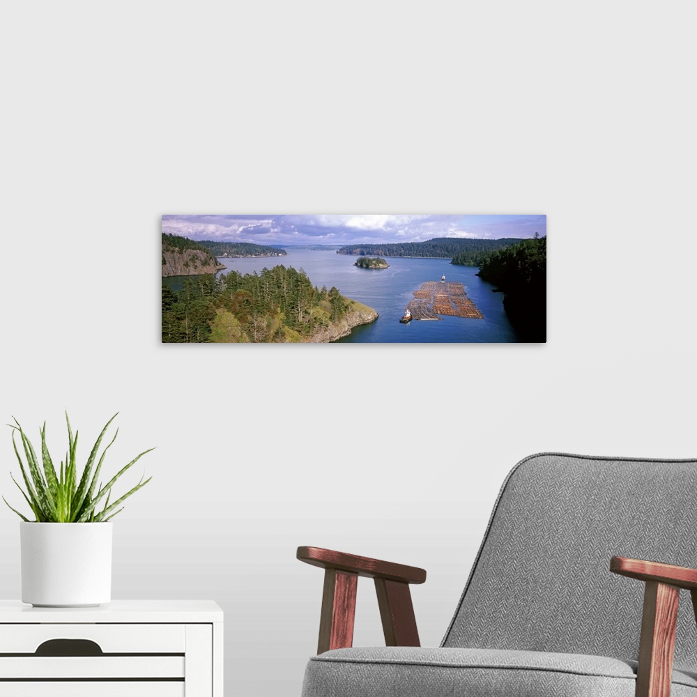 A modern room featuring Tugboats towing logs, Deception Pass, Skagit County, Washington State