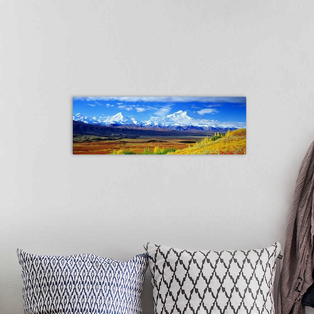 A bohemian room featuring A large panoramic photograph of Mount McKinley taken from afar with terrain and grasslands in the...