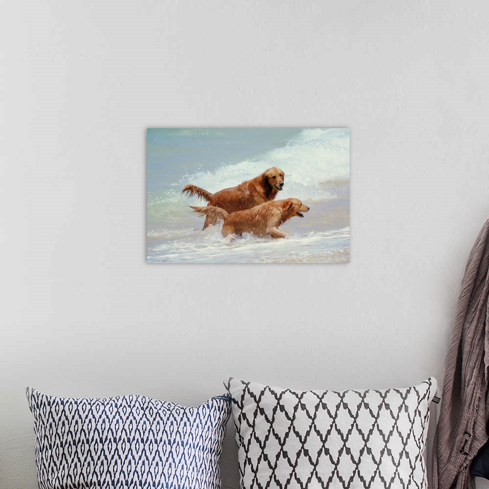 A bohemian room featuring Two Golden Retrievers in the surf in Hawaii