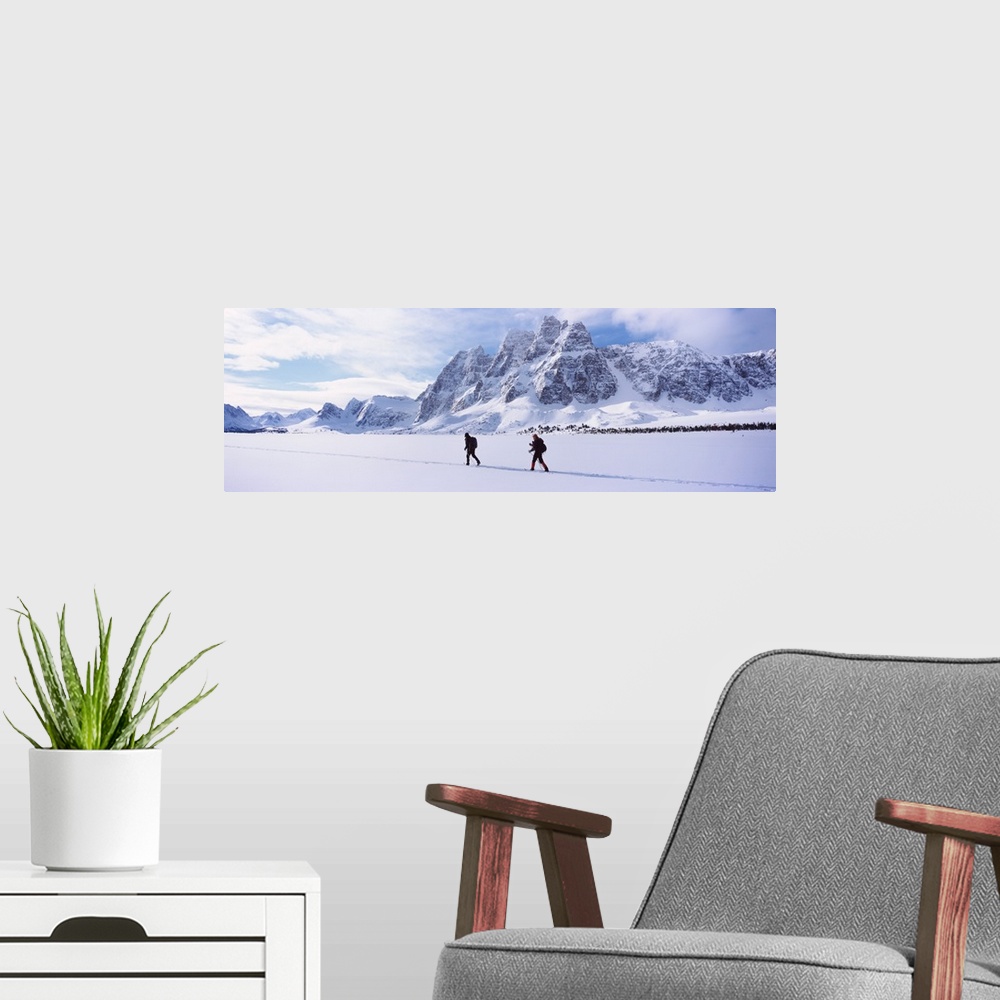 A modern room featuring Two people skiing, The Ramparts, Amethyst Lake, Tonquin Valley, Jasper National Park, Alberta, Ca...
