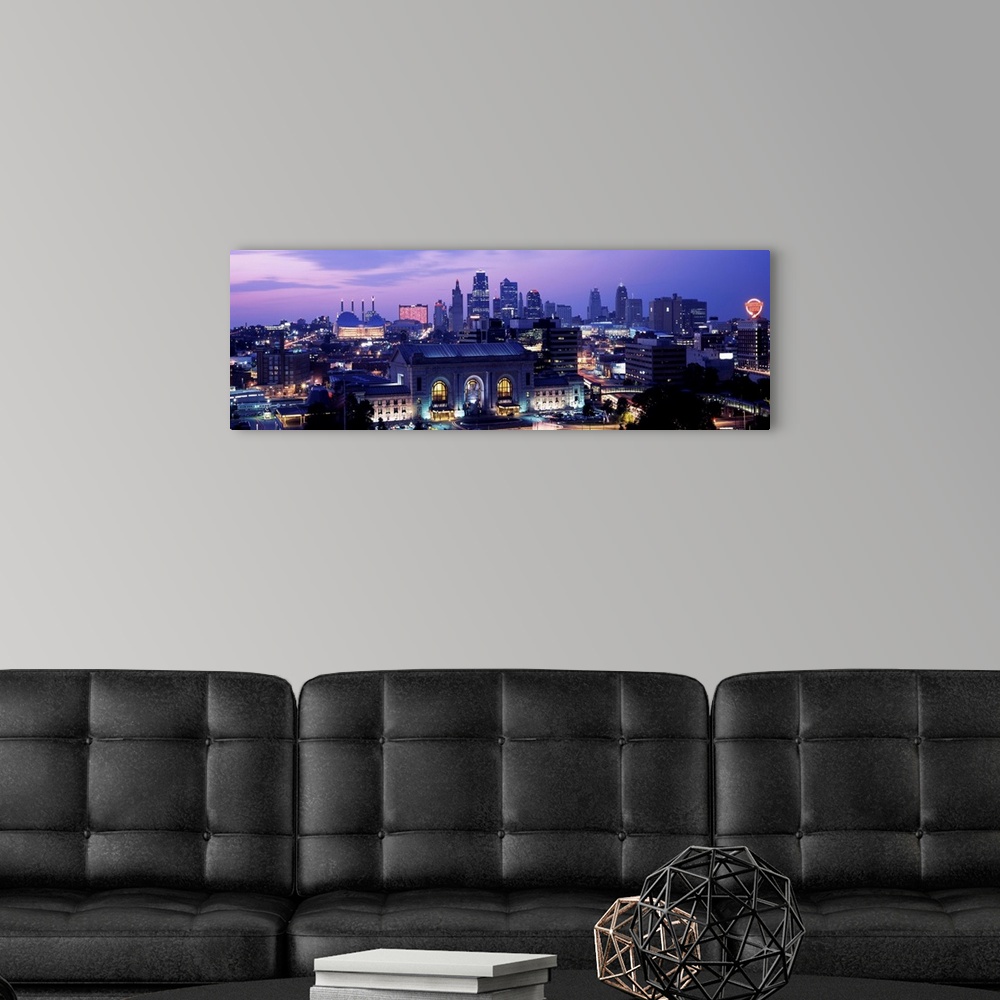 A modern room featuring Union Station at sunset with city skyline in background, Kansas City, Missouri, USA II