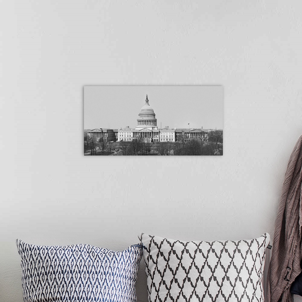 A bohemian room featuring Big, horizontal vintage photograph of the Capitol Building in Washington DC, beneath a clear sky ...