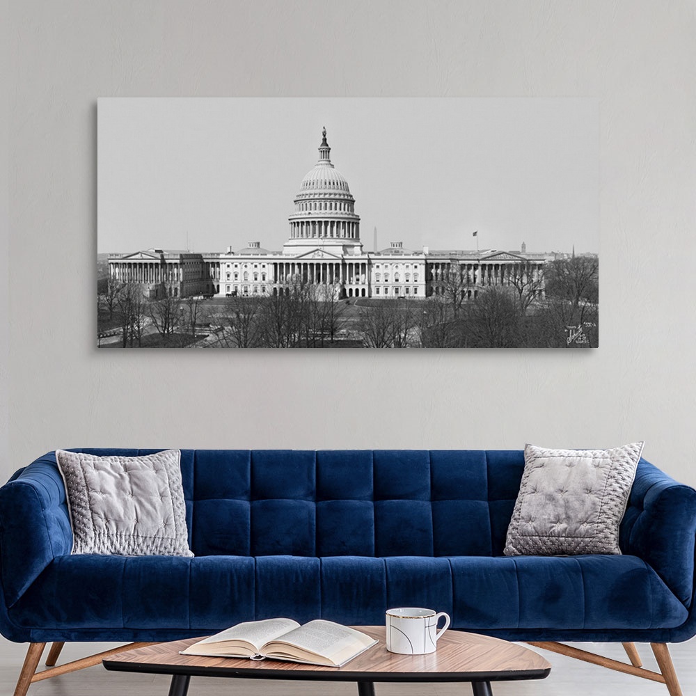 A modern room featuring Big, horizontal vintage photograph of the Capitol Building in Washington DC, beneath a clear sky ...