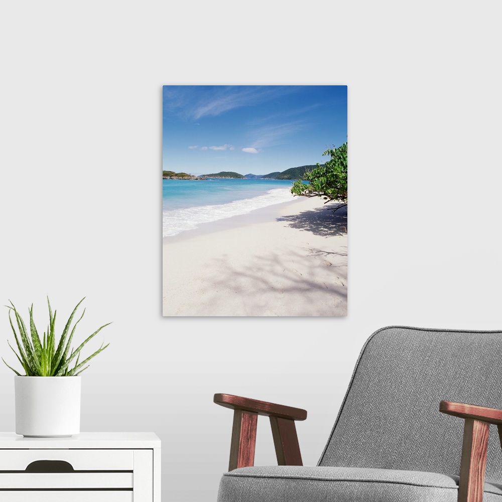 A modern room featuring This decorative accent is a vertical photograph of the tropical sky and sandy beach.