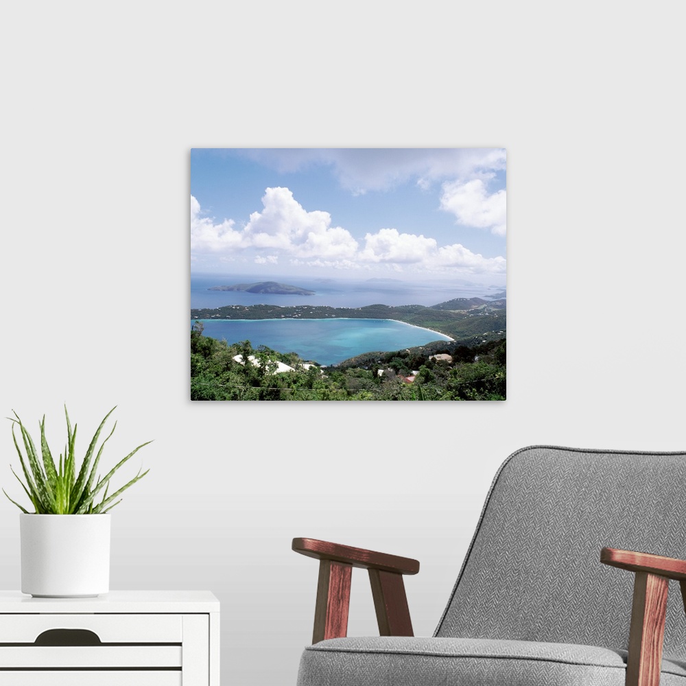A modern room featuring Photograph of the Magens Bay in St. Thomas on the bright, cloudy day.