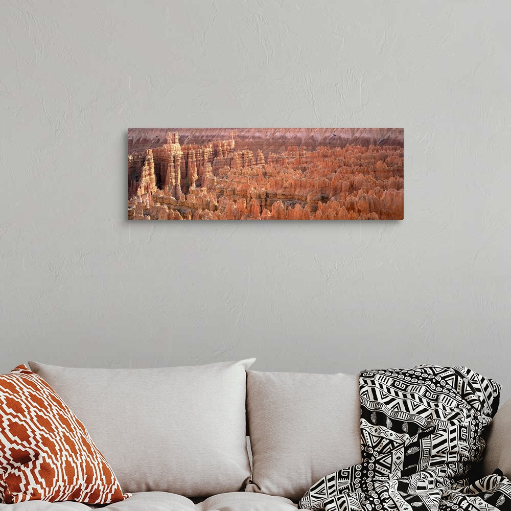 A bohemian room featuring Panoramic, aerial photograph on a big canvas of the jagged rock formations of the Grand Canyon, t...