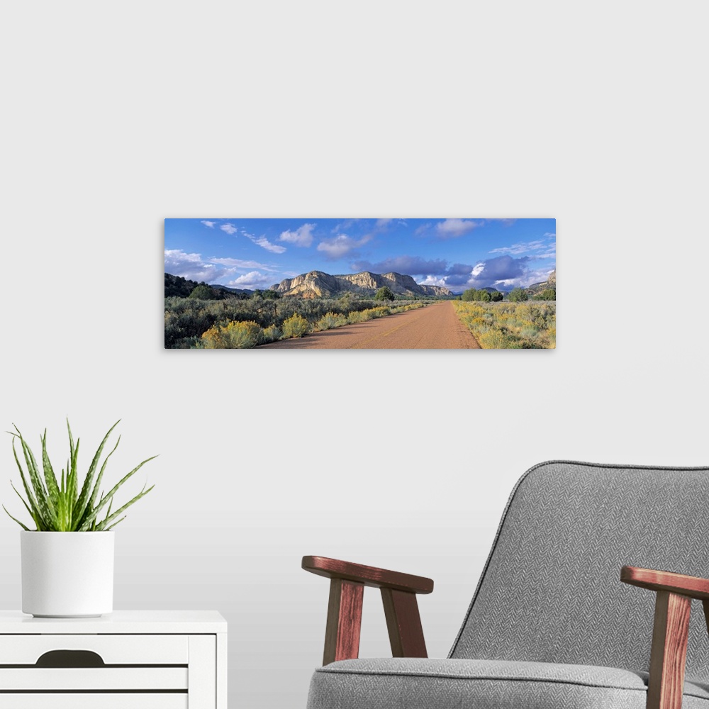 A modern room featuring Utah, Grand Staircase-Escalante National Monument, Johnson Canyon, White Cliffs, Empty road