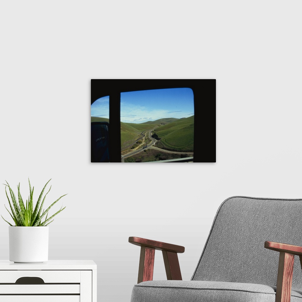 A modern room featuring Valley viewed from the window of a truck, Alameda County, California