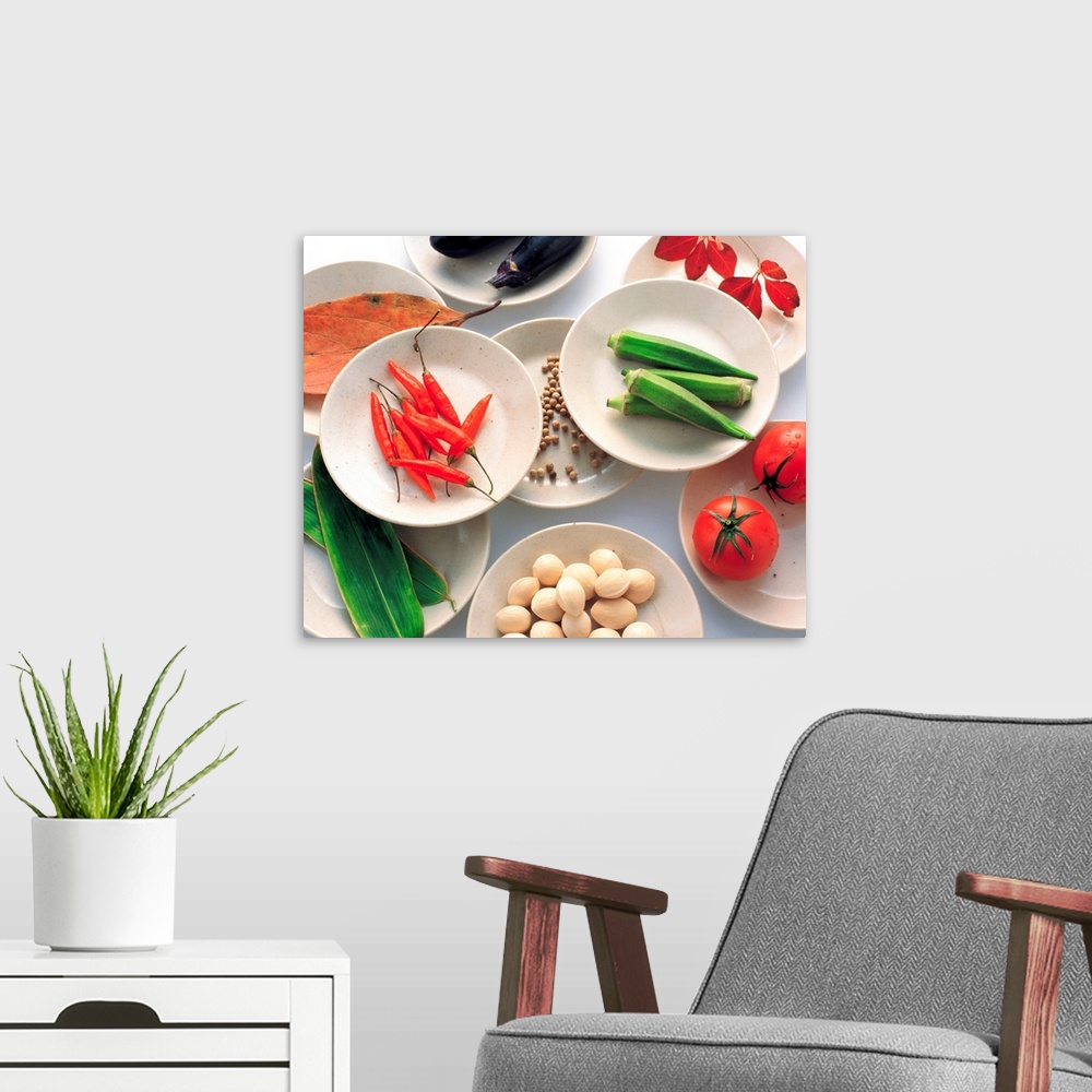 A modern room featuring Vegetables Nuts and Leaves on Plate