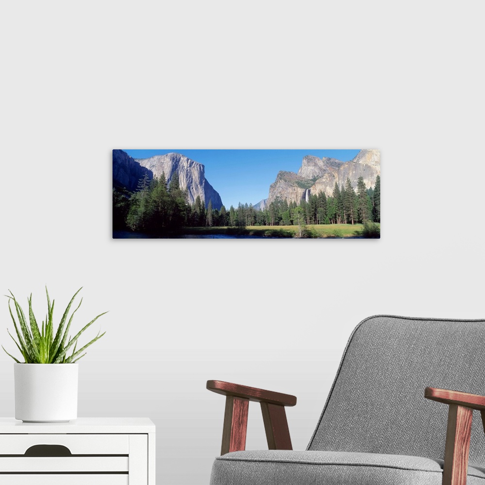 A modern room featuring Panoramic photo of large rock cliffs and mountings surrounded by pine trees and water in Yosemite...