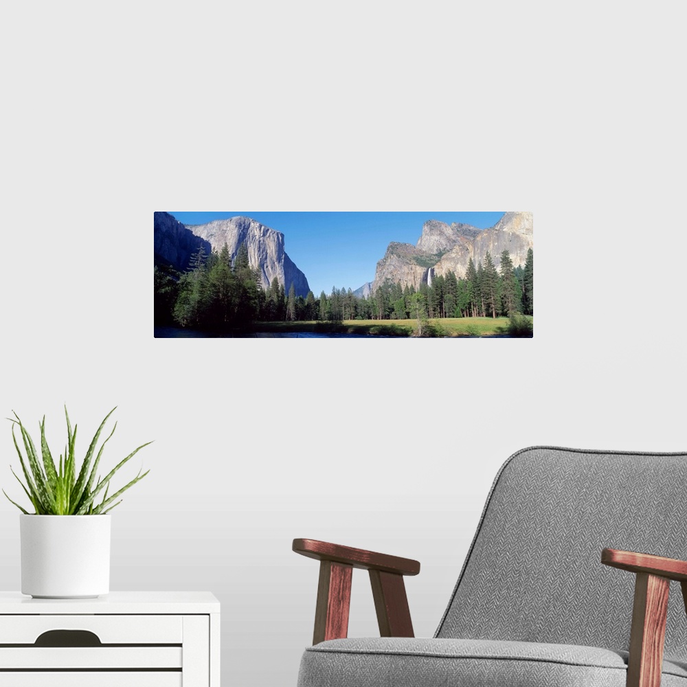 A modern room featuring Panoramic photo of large rock cliffs and mountings surrounded by pine trees and water in Yosemite...