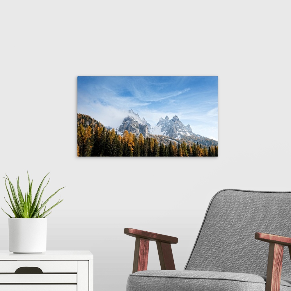 A modern room featuring View of Dolomite Mountains in fall, Toblach, Alto Adige, Italy