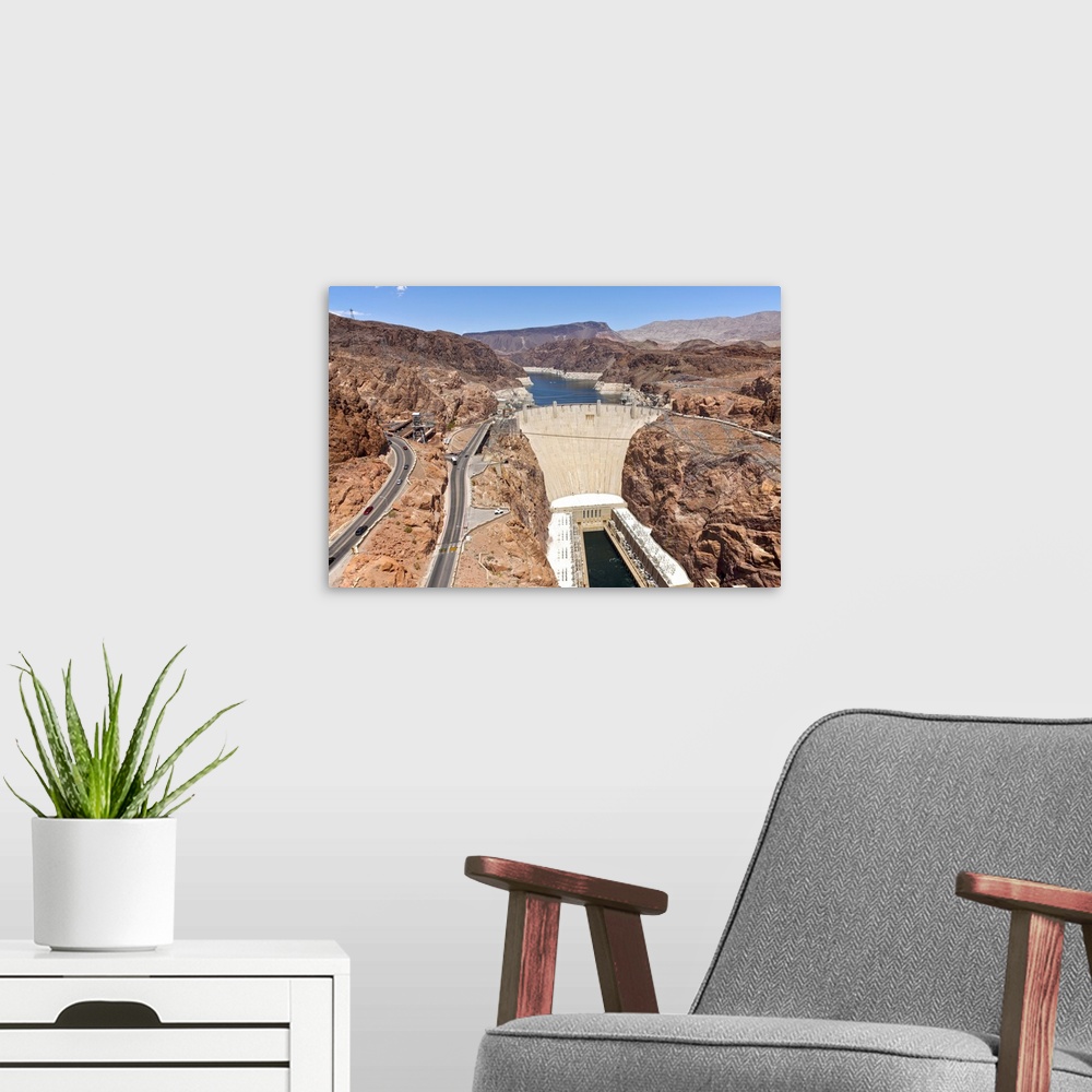 A modern room featuring View of Hoover Dam, Black Canyon, Colorado River, Nevada, USA.