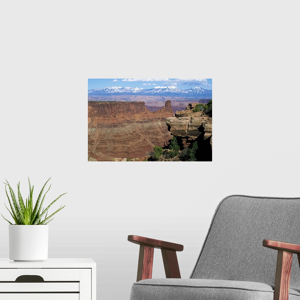 A modern room featuring View of Island in the Sky District, distant snow-capped mountains, Canyonlands National Park, Utah