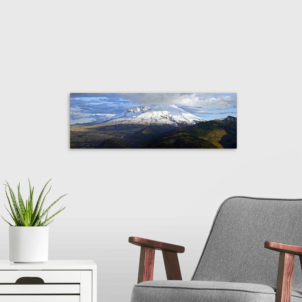 A modern room featuring View of Mount St. Helens with dramatic sky, Skamania County, Washington State, USA.
