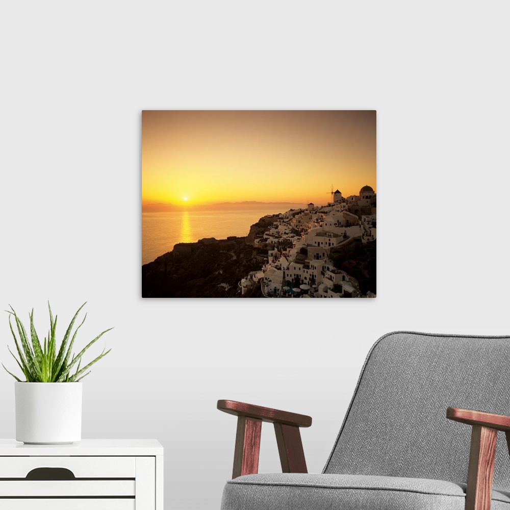 A modern room featuring Village on a cliff at dusk, Oia, Santorini, Cyclades Islands, Greece II