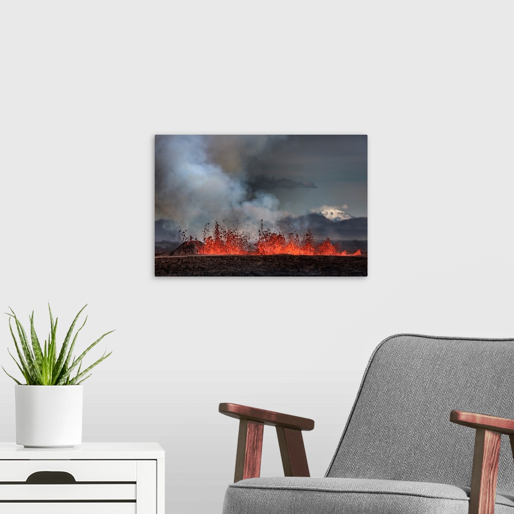 A modern room featuring Volcano Eruption at the Holuhraun Fissure near Bardarbunga Volcano, Iceland