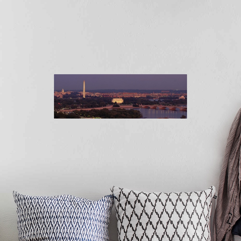 A bohemian room featuring Wide angle, aerial photograph of Washington DC at night, including the Washington Monument, the C...