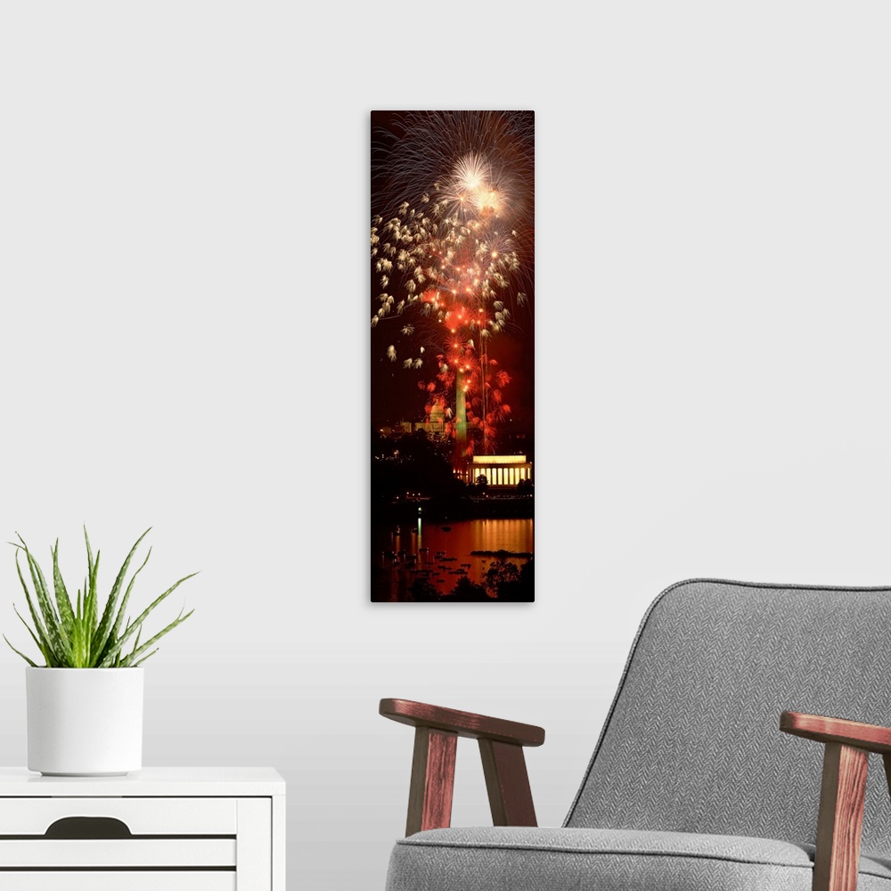 A modern room featuring Washington DC, Fireworks over Lincoln Memorial