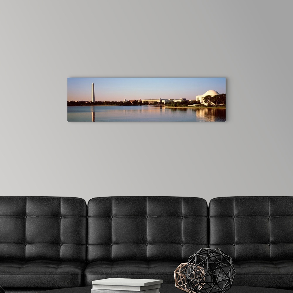 A modern room featuring Washington DC, Washington Monument and Jefferson Memorial, Reflection of buildings in the river
