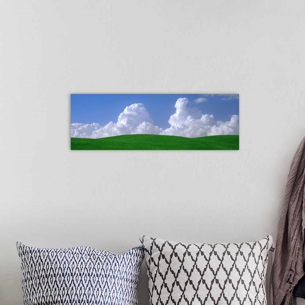 A bohemian room featuring Panoramic photograph of grass covered rolling hills under a cloudy sky.