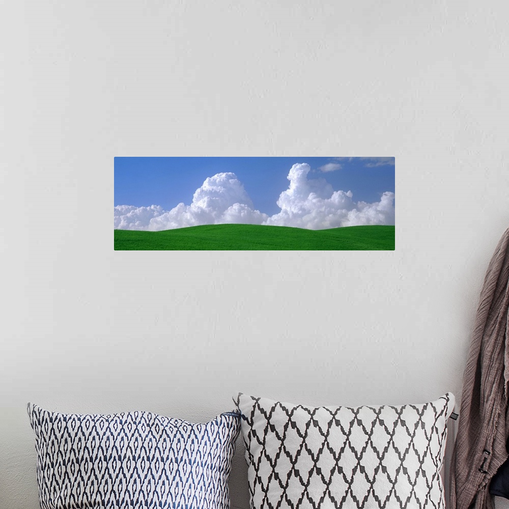 A bohemian room featuring Panoramic photograph of grass covered rolling hills under a cloudy sky.