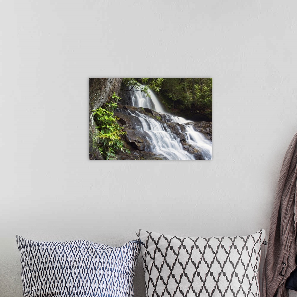 A bohemian room featuring Big photograph displays a waterfall traveling down jagged rock faces within a dense wilderness ar...