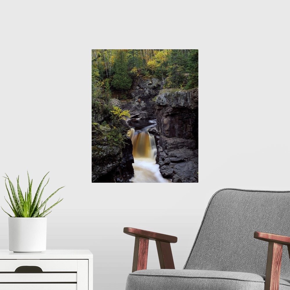 A modern room featuring Waterfall and black cliffs along Temperance River, Temperance River State Park, Minnesota