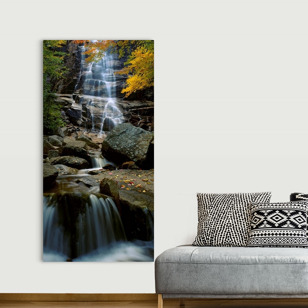 A bohemian room featuring Big photograph of Arethusa Falls that is located in Crawford Notch State Park in New Hampshire.  ...
