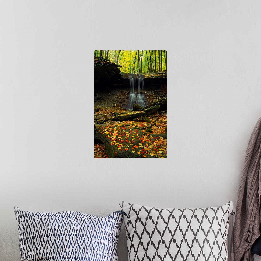 A bohemian room featuring Big photograph focuses on water cascading off of a cliff and hitting the jagged rocks below in th...