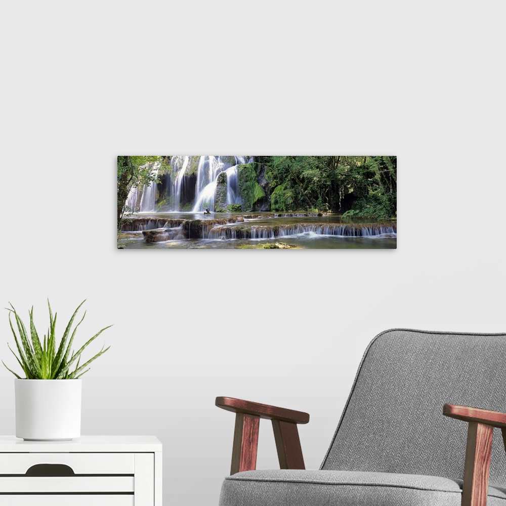 A modern room featuring Waterfall in a forest, Cuisance Waterfall, Jura, Franche Comte, France