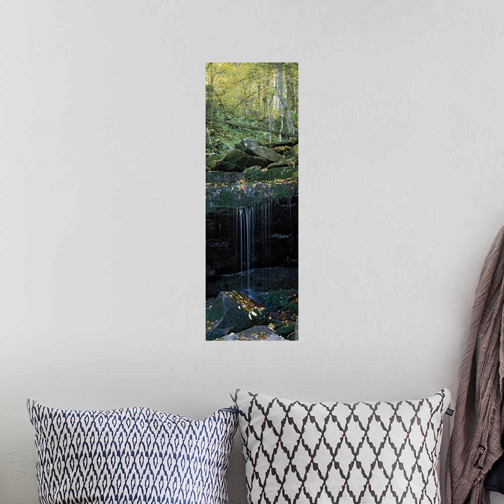 A bohemian room featuring This wall art is a vertical, panoramic photograph of water trickling down a rock shelf in an Appa...
