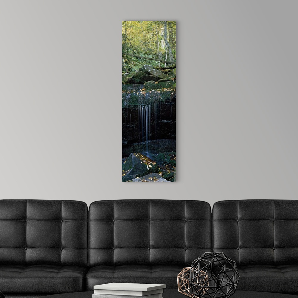 A modern room featuring This wall art is a vertical, panoramic photograph of water trickling down a rock shelf in an Appa...