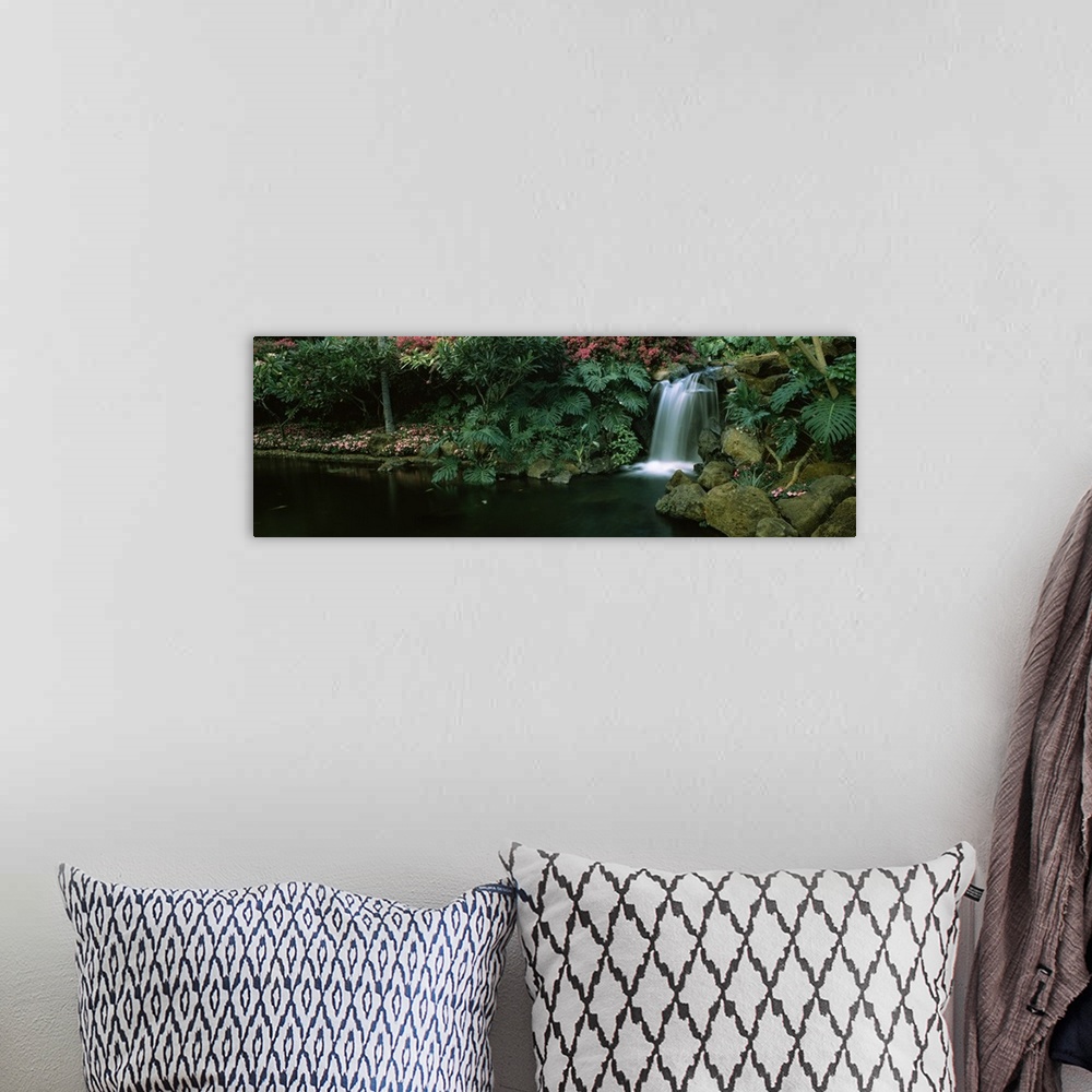 A bohemian room featuring A panoramic photograph of a tropical garden, small cascade tumbles into a circular pool lined wit...