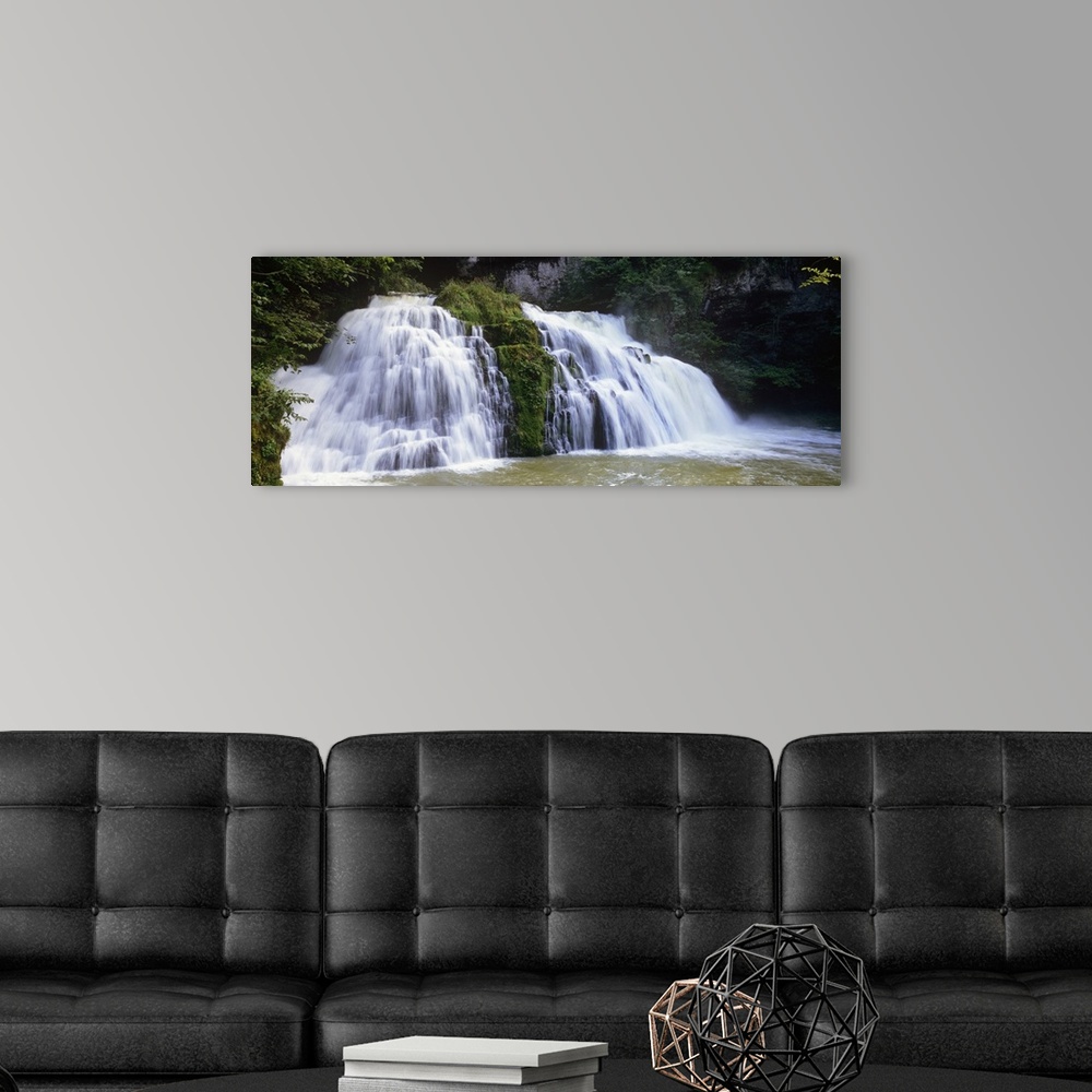 A modern room featuring Waterfall in a forest, Loue Waterfall, Jura, Franche Comte, France
