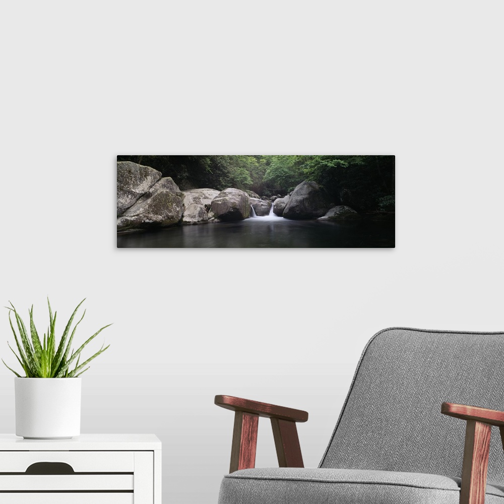 A modern room featuring Waterfall in a forest, Midnight Hole, Big Creek, Great Smoky Mountains National Park, North Carolina