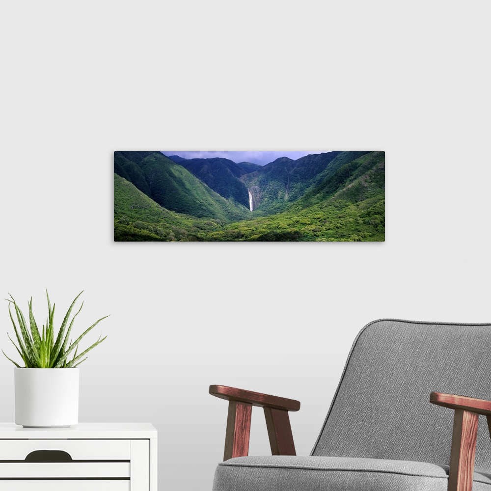 A modern room featuring Waterfall in a forest, Moaula Falls, Halawa Valley, Molokai, Hawaii